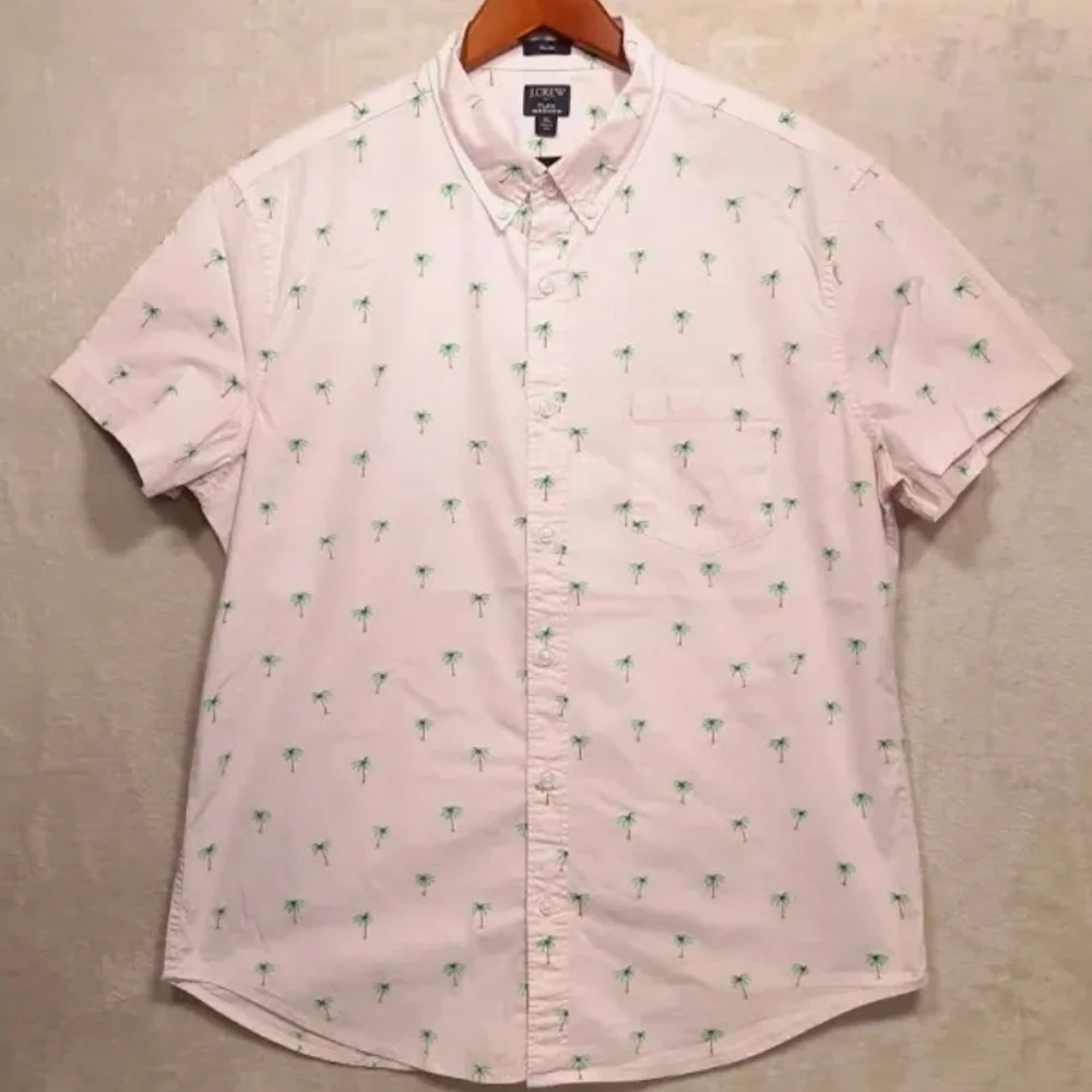 J.Crew re-imagined Men's Flex Washed Pink Palm Tree collared Print Shirt XL